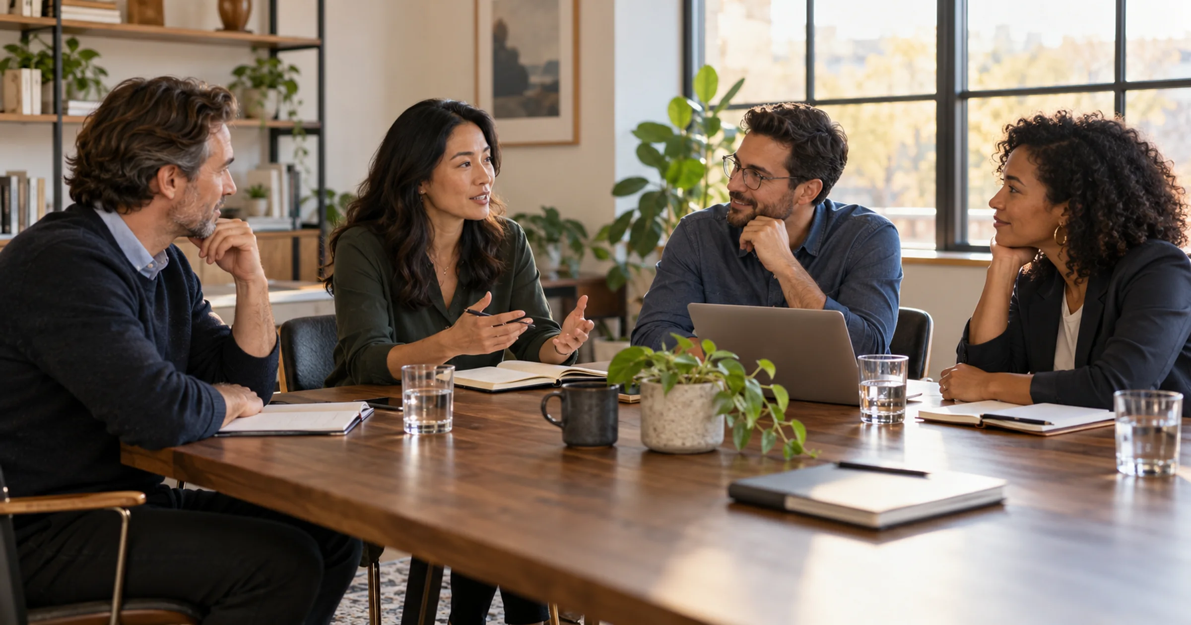 Four business leaders discussing their work around a table in a sunlit meeting room.