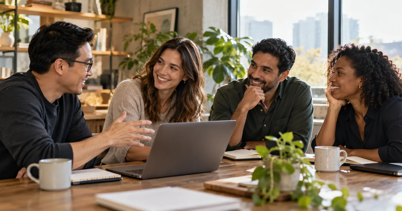 Four business leaders sharing ideas around a laptop in a bright office.