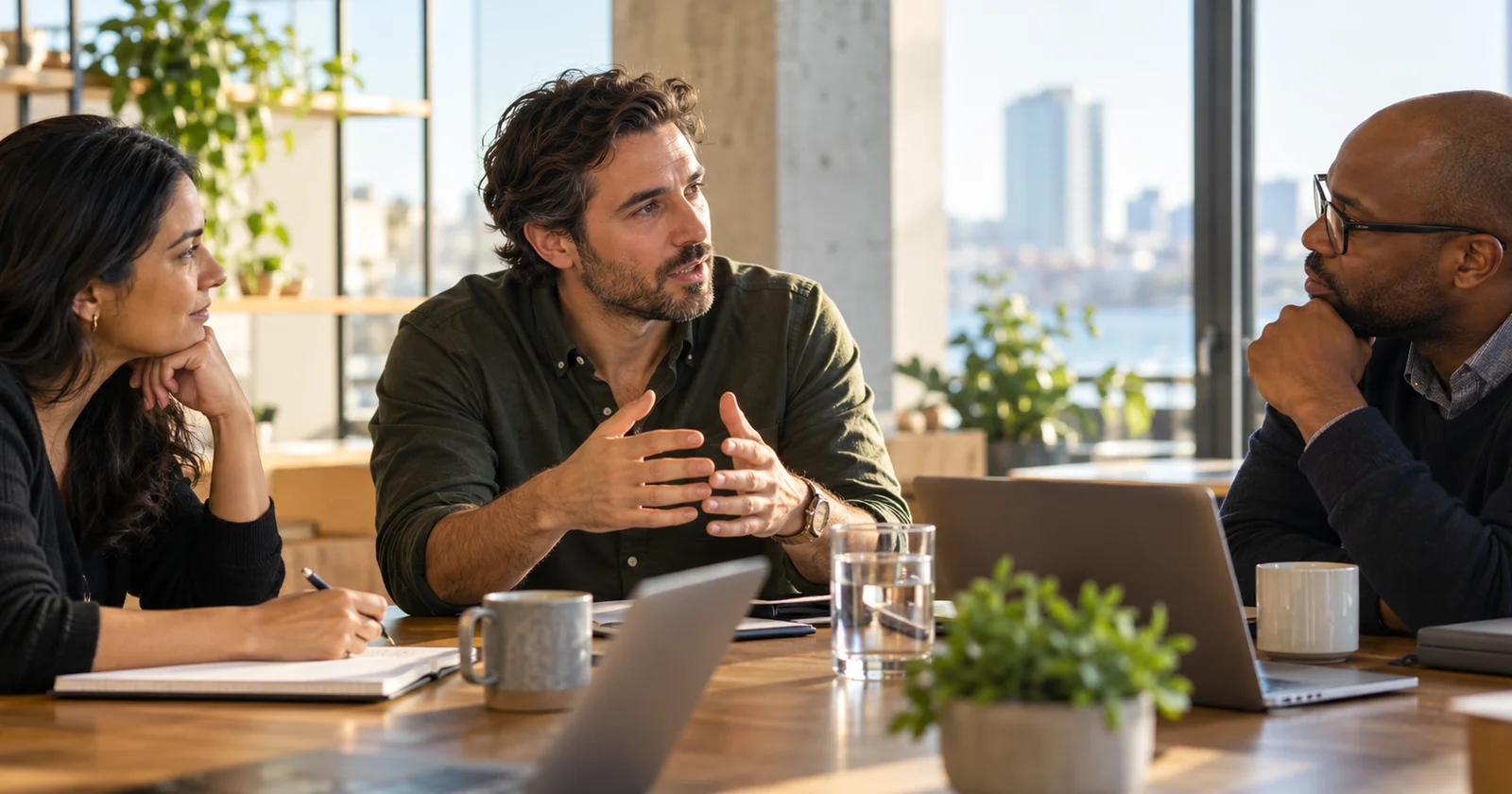 Three business leaders discussing a decision around a table in a bright office.