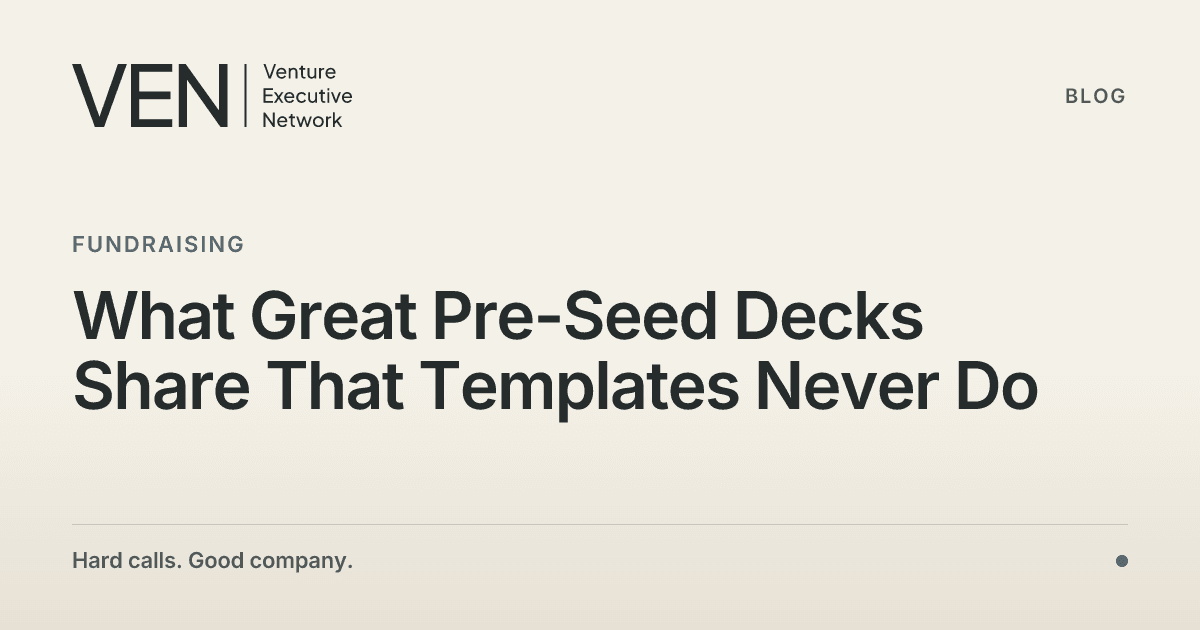 A founder laying out printed pitch deck slides on a table, comparing structure against a benchmark deck