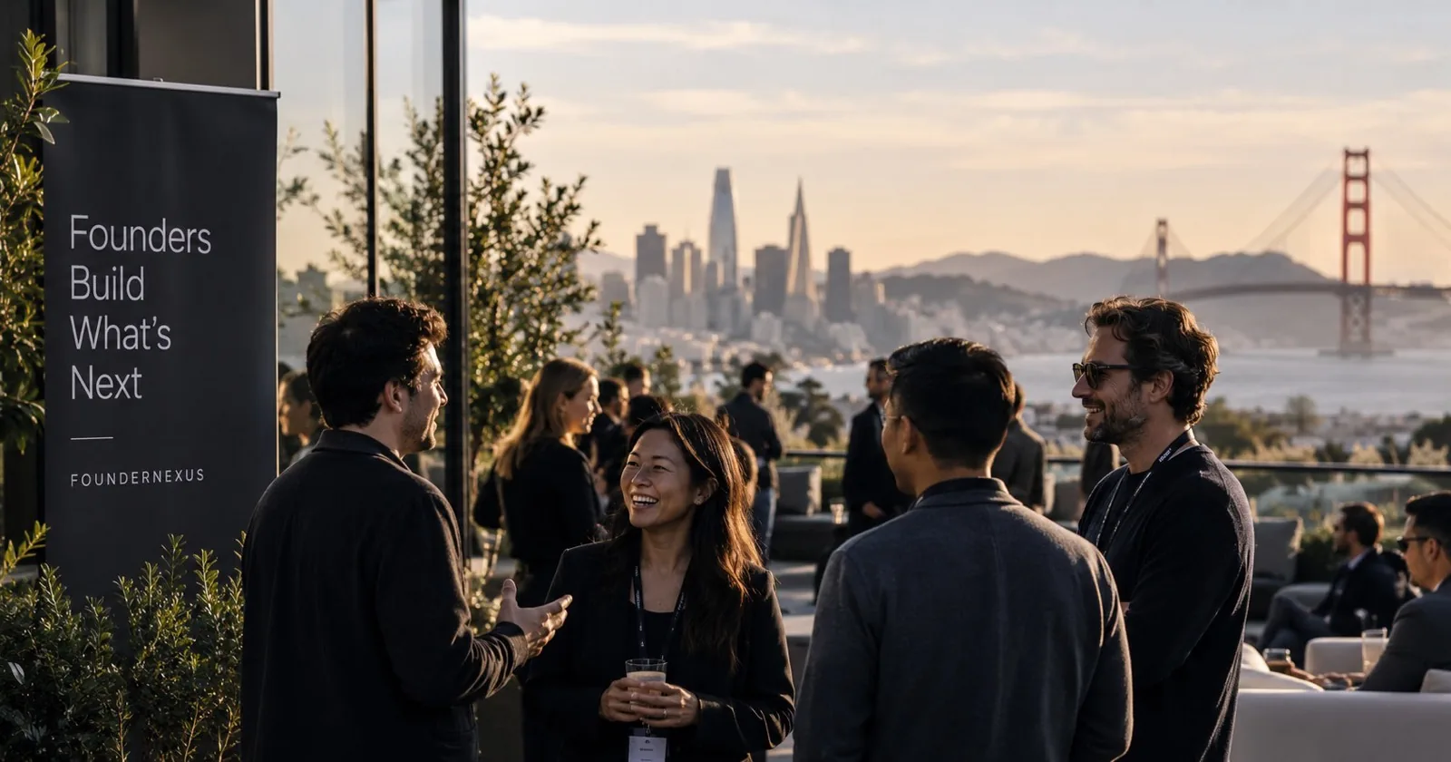 Founders talking on a terrace at sunset, with the San Francisco skyline and Golden Gate Bridge behind them and a banner in the foreground