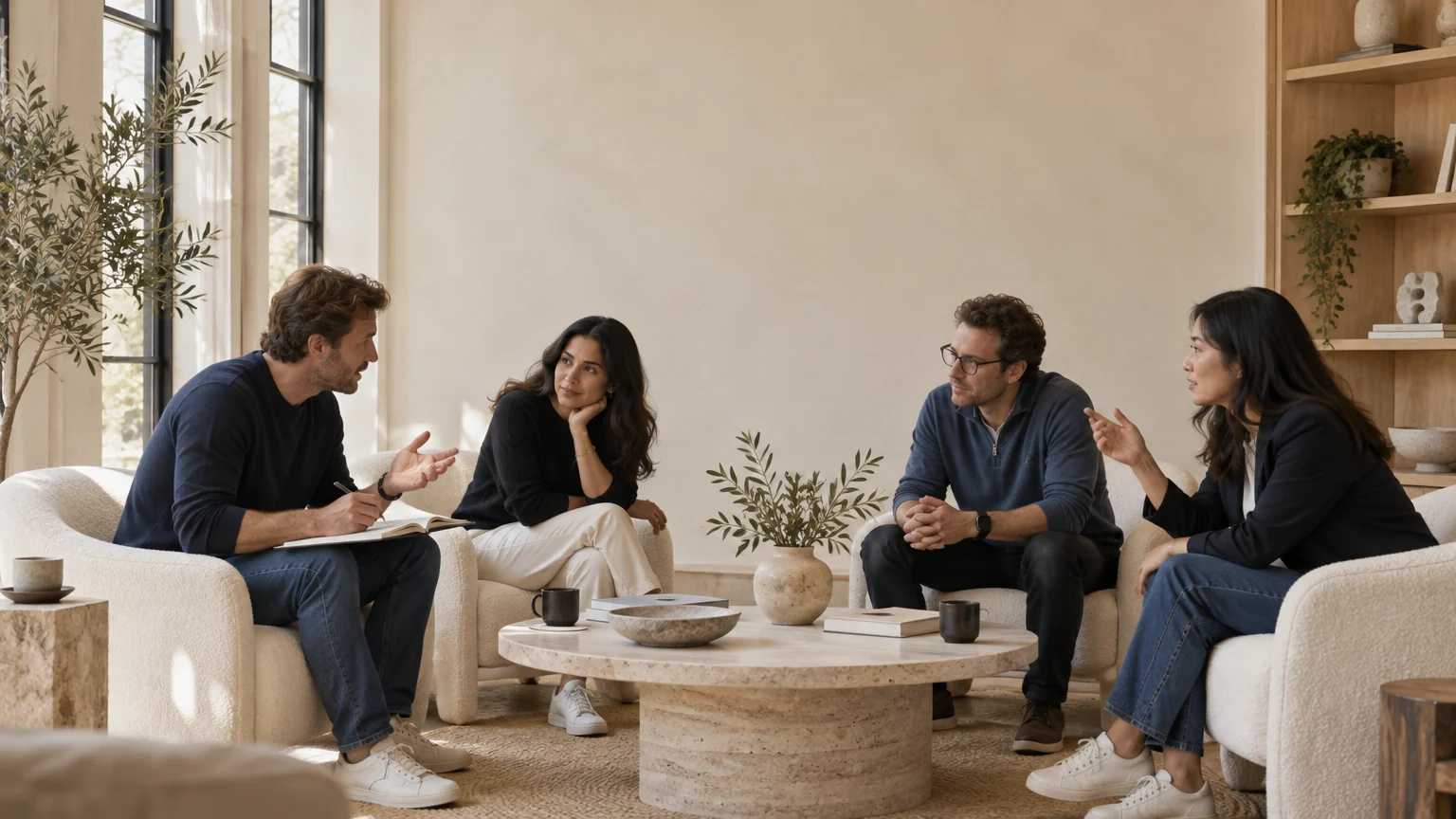 Four leaders in a focused peer session with notes