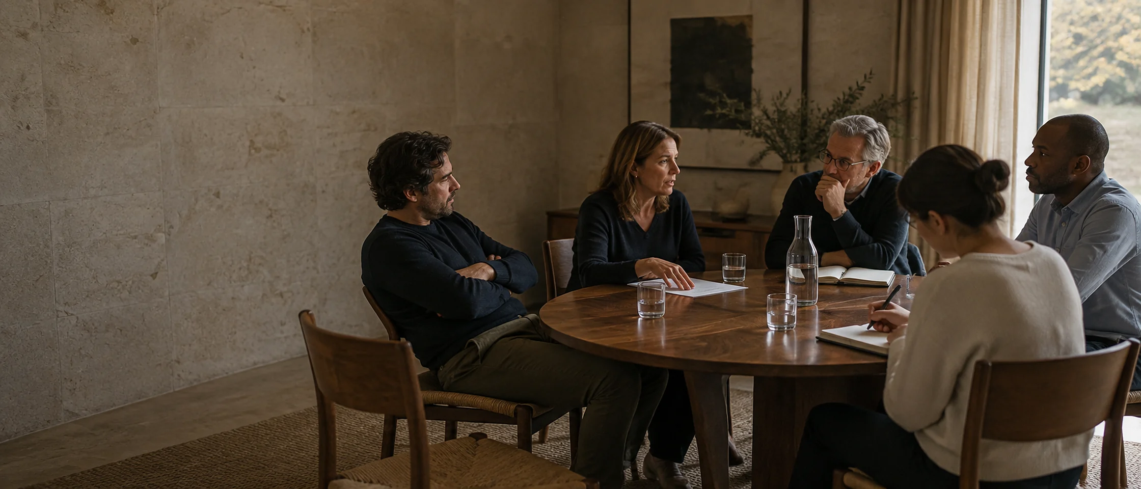 Leaders in conversation around a table