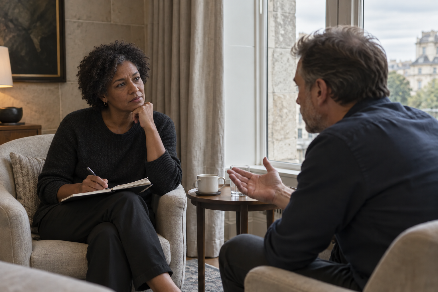 Two leaders in conversation, with one taking notes
