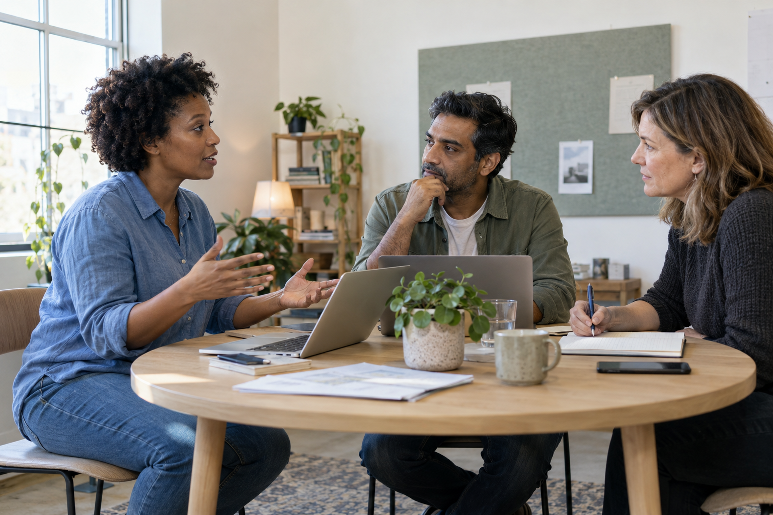 Three startup leaders discussing their work with laptops and notes