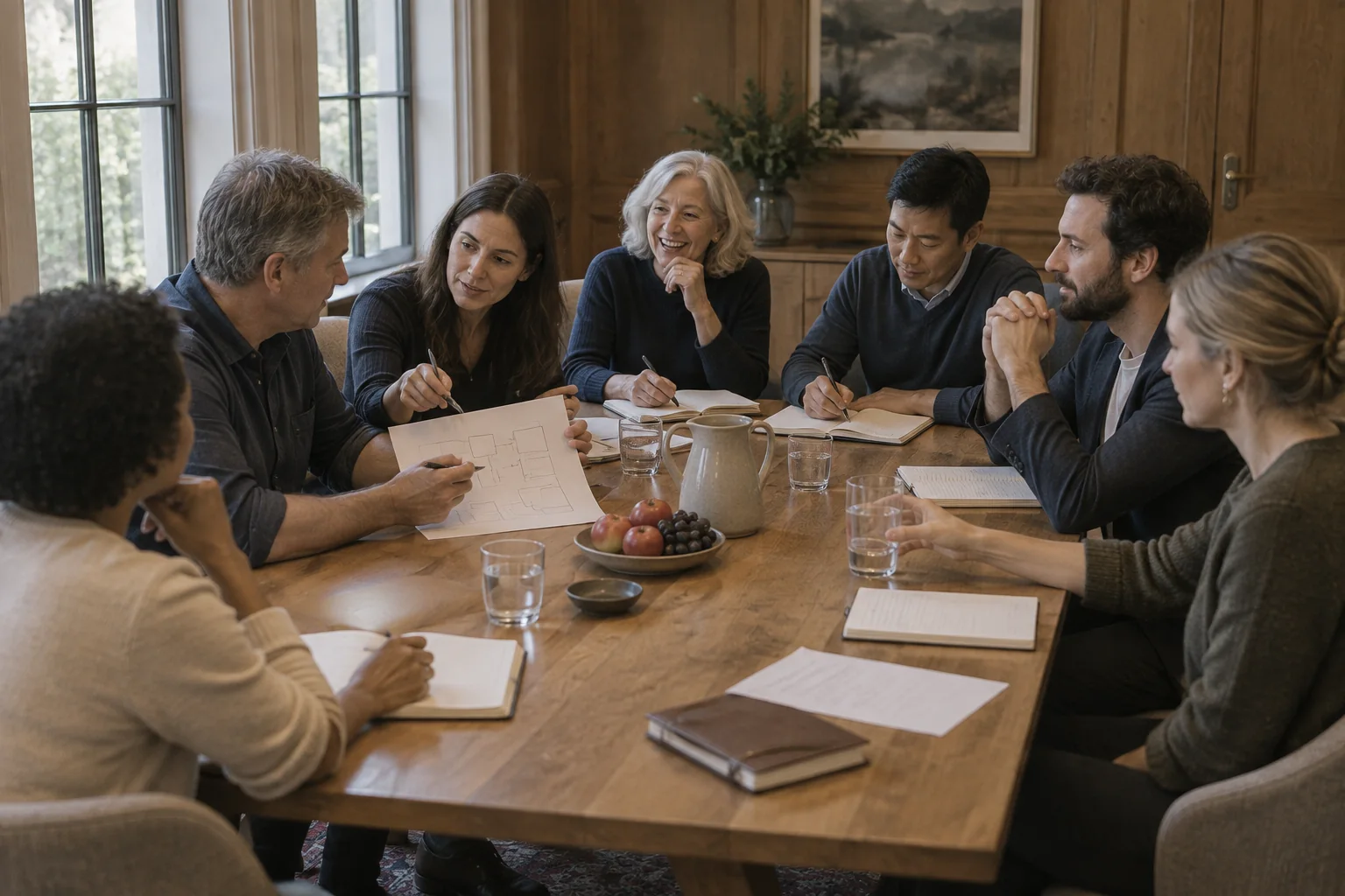A peer group discussing a workflow with notebooks