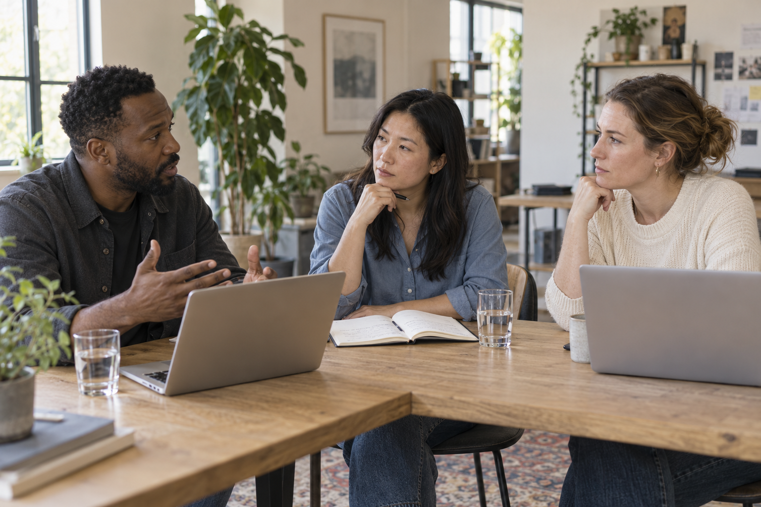 Three startup leaders working through a question with laptops and a notebook
