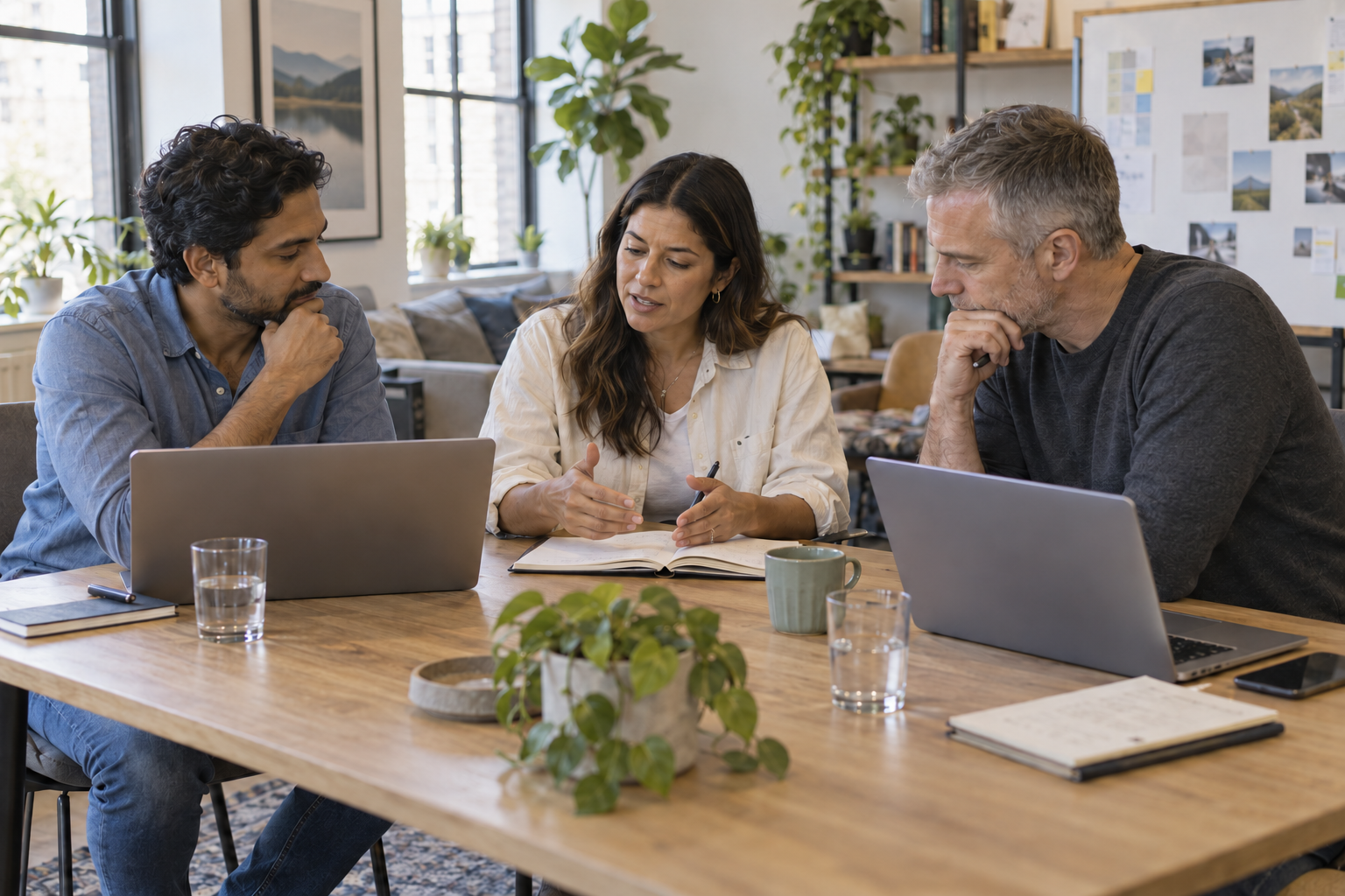 Three startup leaders discussing product delivery with laptops and notes