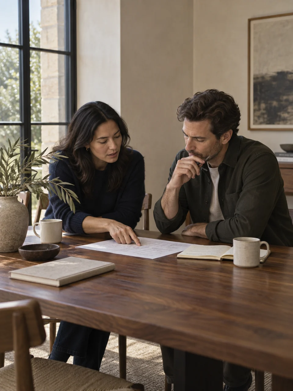 Two leaders working through a plan at a walnut table