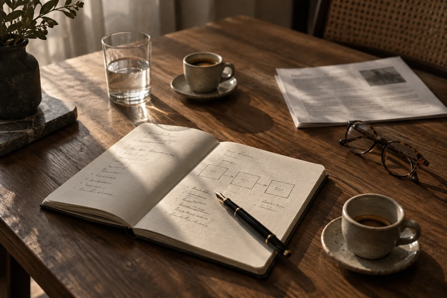 A notebook and coffee on a walnut table after a working conversation